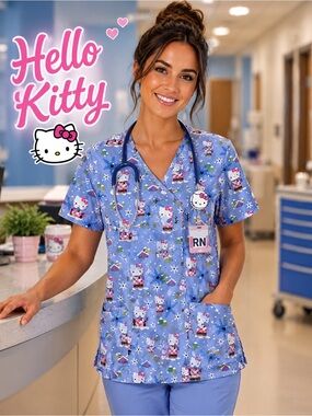 Hello Kitty Blue Short Sleeve Top nurse pet groomer size 2X